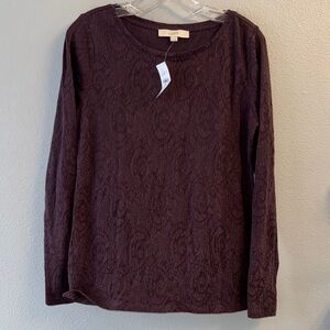 NWT-Loft Shirt Large M Purple Floral Print Lace Long Sleeve Pullover Top Womens